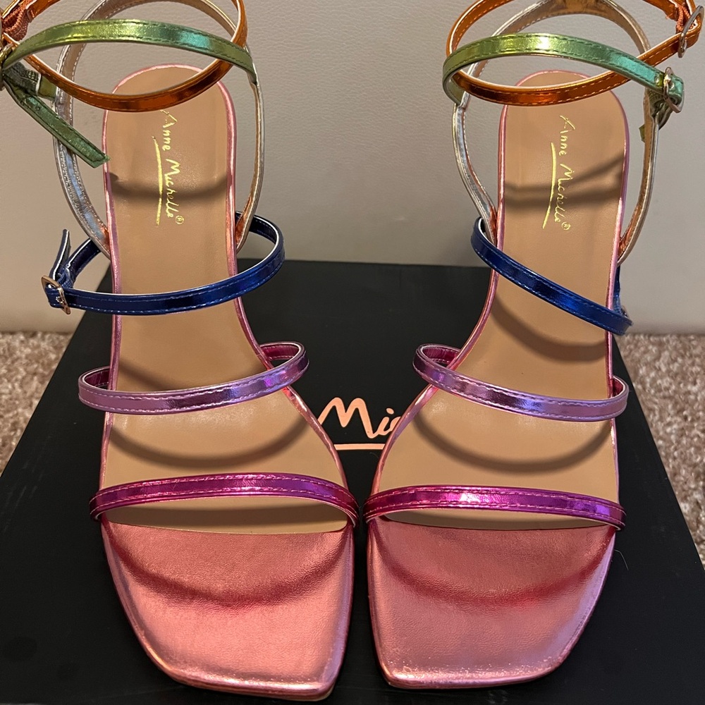 Anne Michelle Rainbow Metallic Strappy Stiletto Heels